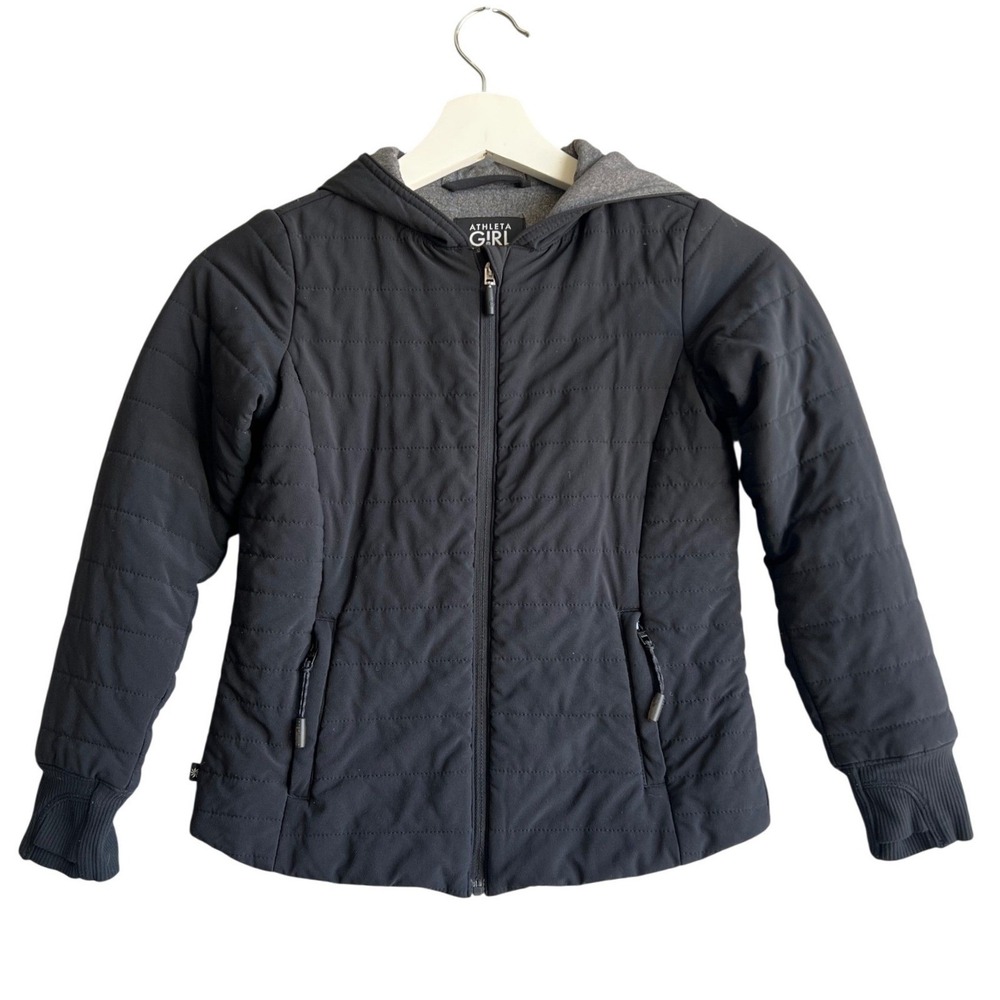 Athleta Girl Black Quilted Hooded Jacket XS 6 Full Zip Puffer Activewear‎